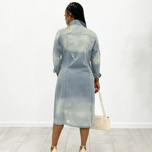 Cehvom Women s Mid Length Casual Handsome Distressed Denim Long Trench Coat Other