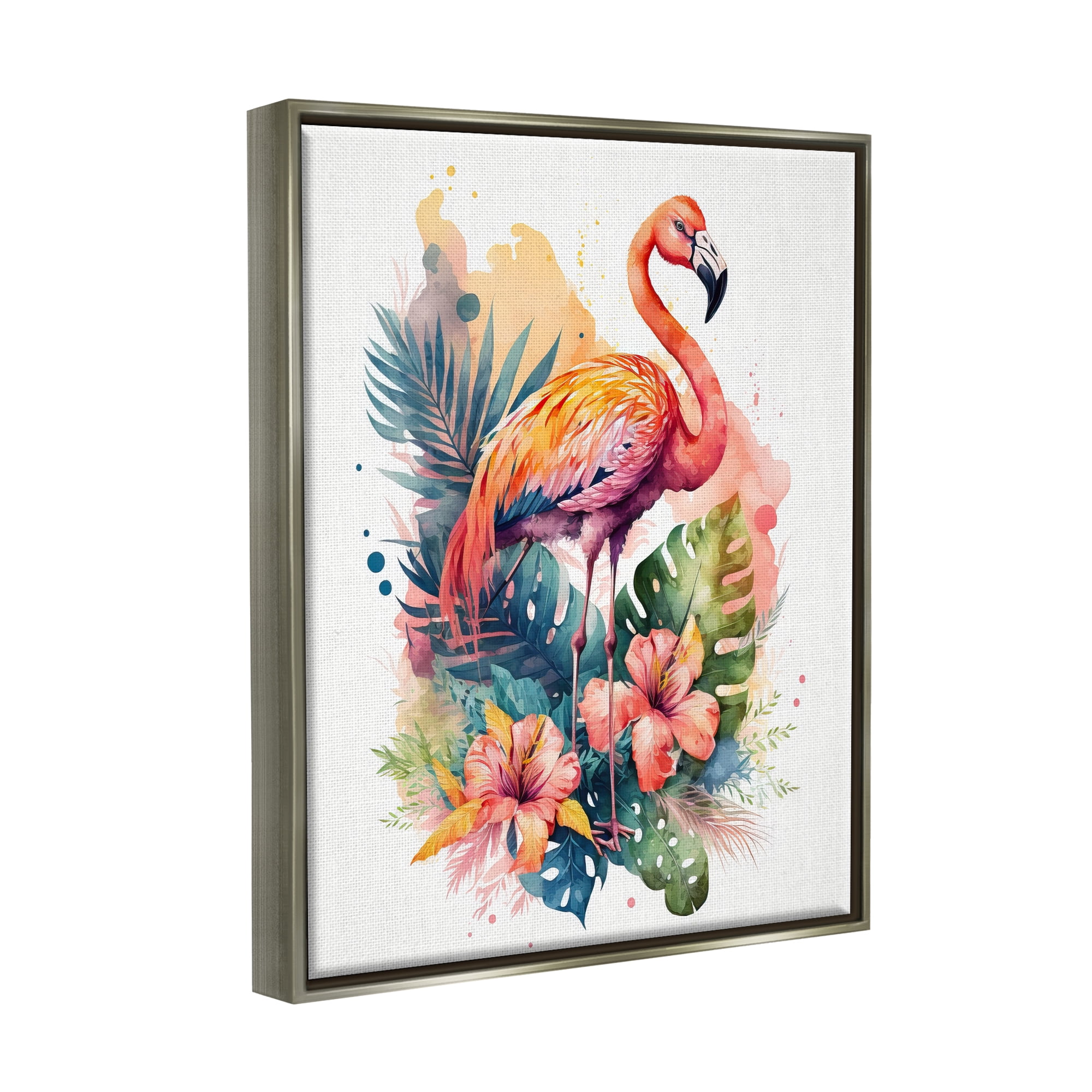 Stupell Industries Modern Tropical Flamingo Animals & Insects Painting Gray Floater Framed Canvas Art Print Wall Art, 25 x 31