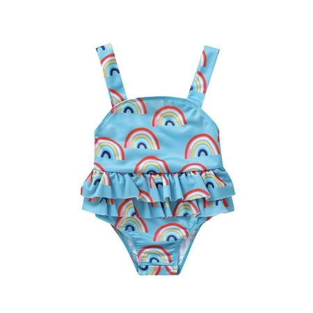 

Canis Little Girls Rainbow Printed Ruffle Tutu Trim Rash Guard Swimwear Bathing Suit