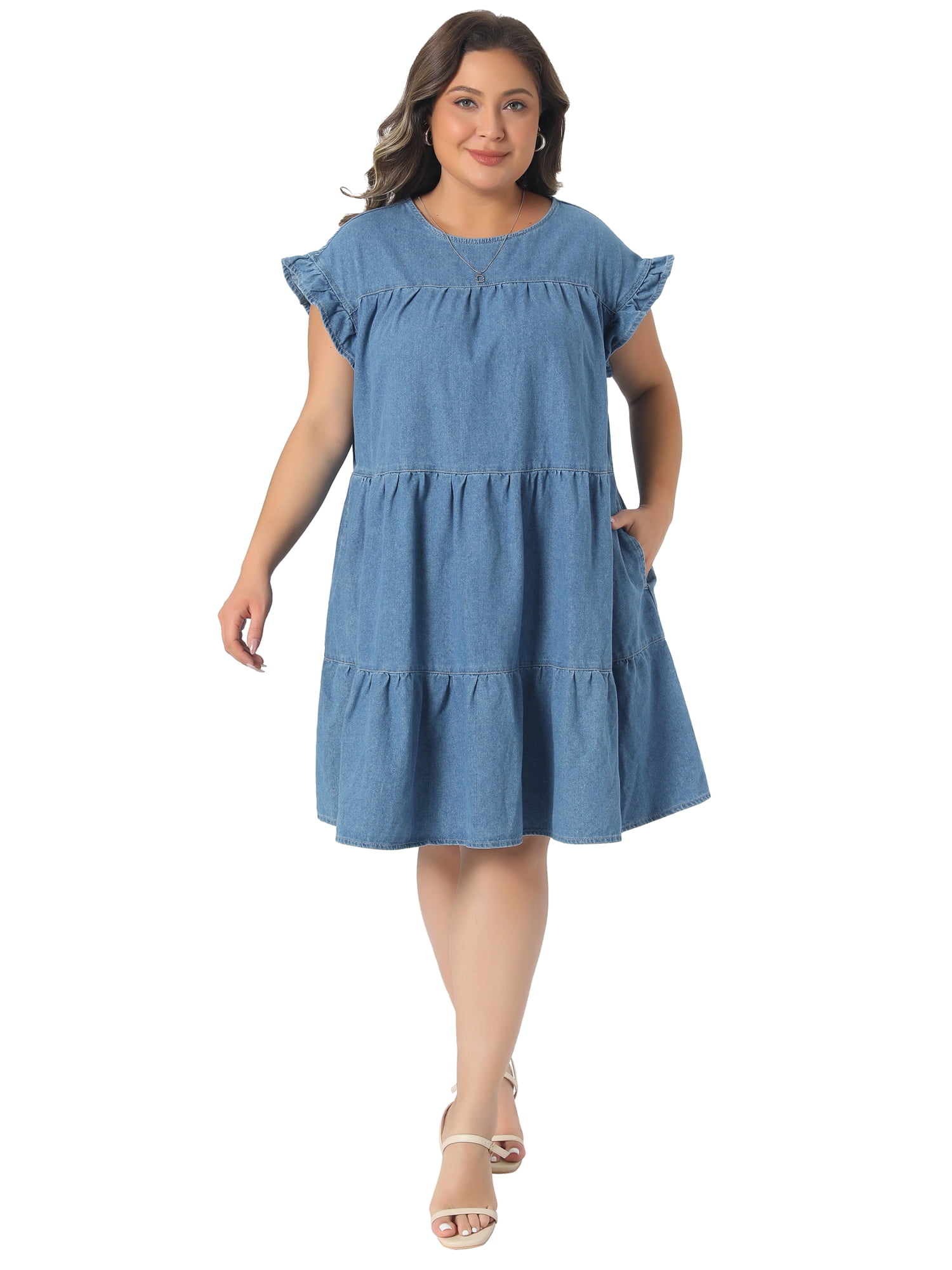 DARING DIVA Women's Plus Denim Dress Babydoll Ruffle Sleeve 2X Light Blue