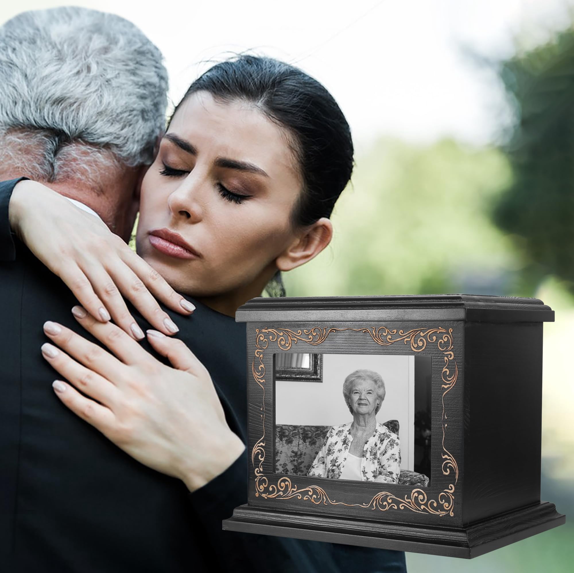 Funeral Urn for Human Ashes, Personalized Wooden Cremation Urn with Photo Frame, Large Capacity 200 Cubic Inches, Memorial Urn for Adults, Black