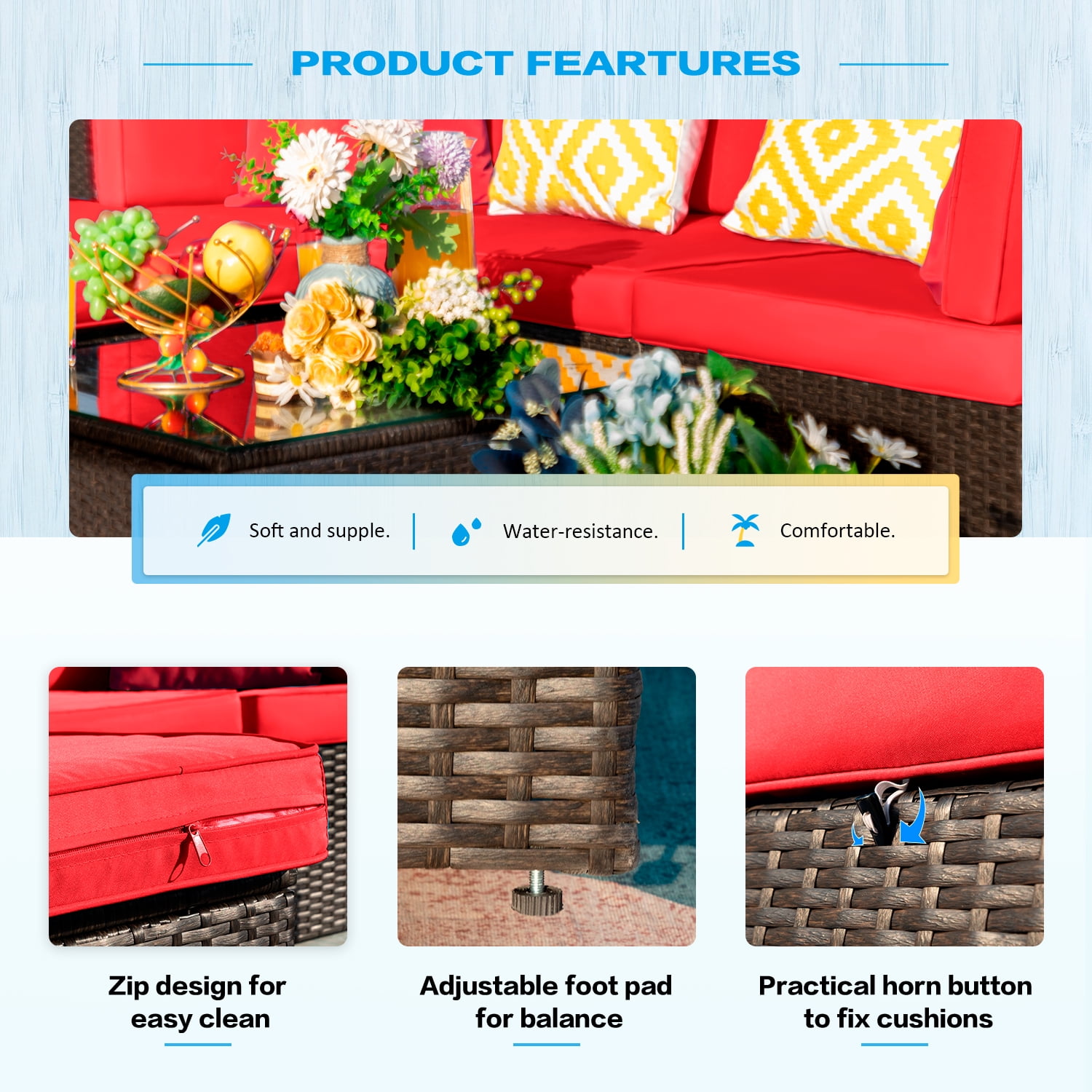Lacoo 7 Pieces Patio Conversation Sets Outdoor Sectional Sofa Set PE Wicker Rattan Sectional Seating Group with Cushions and Glass Table, Red