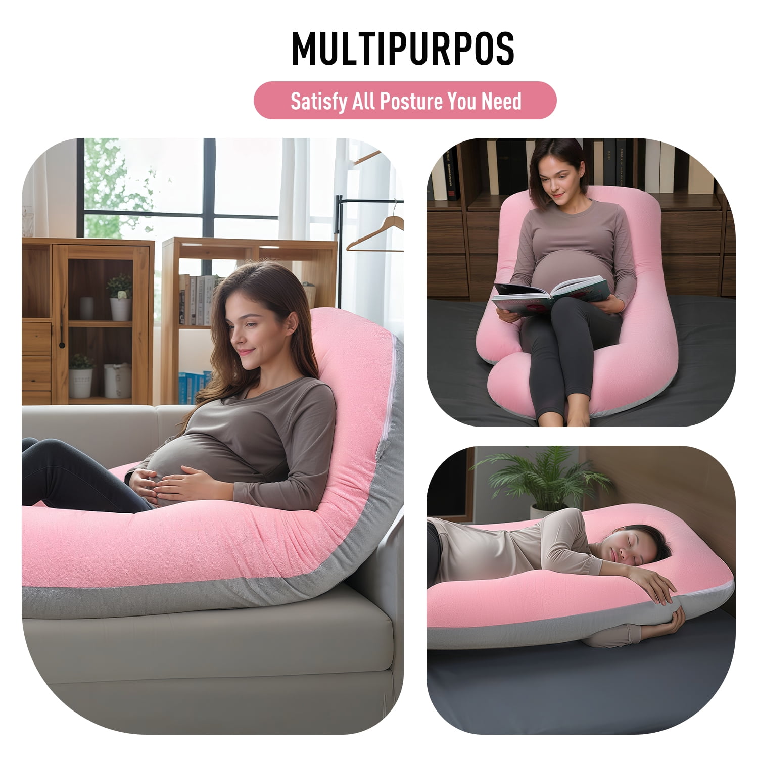Babyomi J Shaped Maternity Pillow - Full Body Support for Pregnancy, Back & Hip Pain Relief, 3-in-1 Nursing Pillow, Machine Washable Cover, Grey Pink