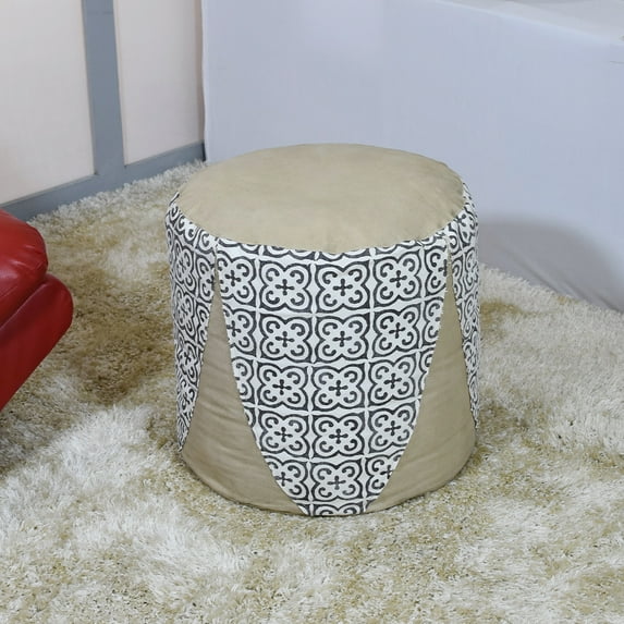 Conemporary Handmade Canvas with leather Round Pouf in Beige Color