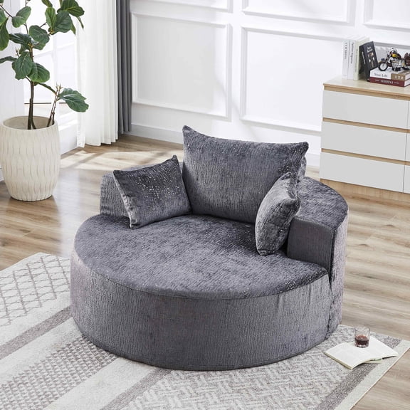 FFH 55" Oversized Round Chaise Lounge, Cloud Lazy Sofa Chair with Cylindrical Backrest Pillow, Chenille Gray