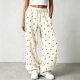 thumbnail image 2 of Textilo Polka Dot Pants for Women Wide Leg Elastic High Waisted Sweatpants with Pockets Drawstring Joggers Fall Winter Loose Fit Baggy Comfy Casual Slacks,Beige 4XL, 2 of 5
