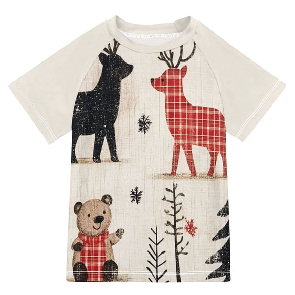 FORMRS Boys Rash Guard Short Sleeves Swim Shirt Quick Dry UPF 50  Sun Protection, Sizes 3-12T, Retro Christmas Forest