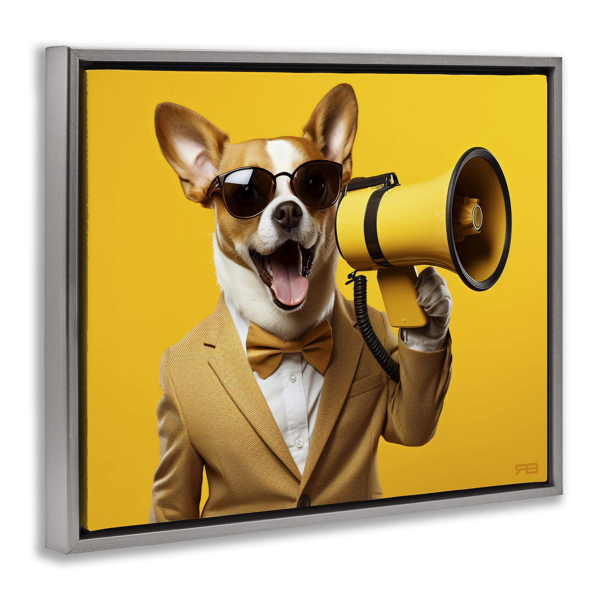 Stupell Industries Dog with Yellow Megaphone Animals & Insects Painting Gray Floater Framed Canvas Art Print Wall Art, 21 x 17