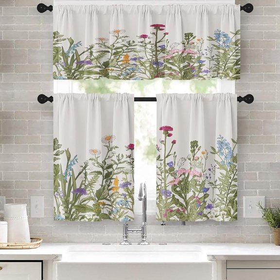 Floral Herbs Flower Kitchen Window Curtains Valance and Tier Set 36 Inch, Botanical 3 Piece Set Short Curtains for Window Vintage Sage Green Leaf Window Treatment Tiers for Living Room Bedroom