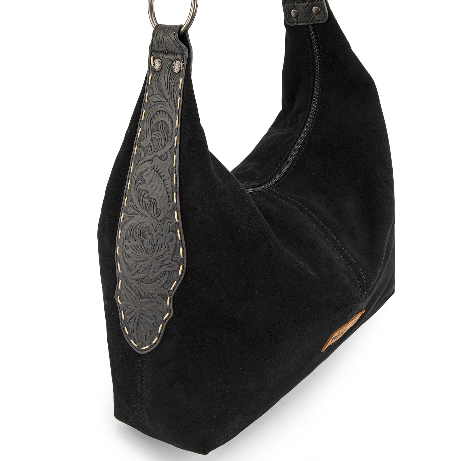Wrangler Suede Hobo Purse for Women Embossed Soft Slouchy Shoulder Bag 2Pcs Set, Black