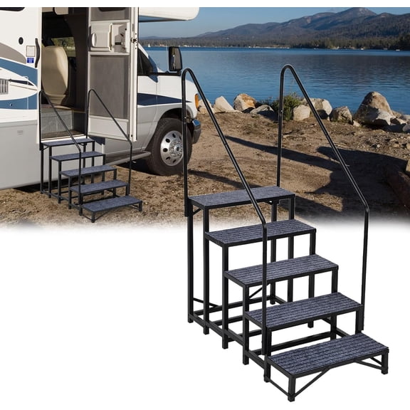 Panapinka 5-Step RV Stairs with Dual Handrails, Portable Aluminum Steps with Non-Slip Treads for Camper, Travel Trailer, Hot Tub, Deck, Pool, Pet Access