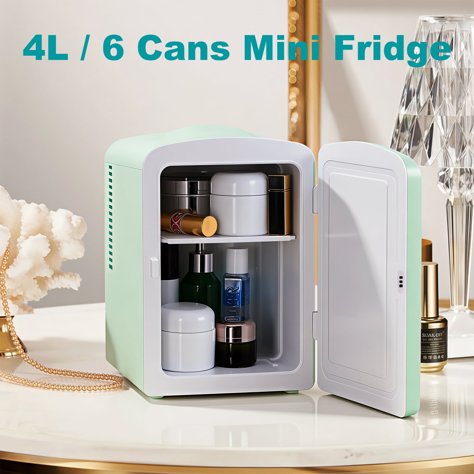iceBlue 4L/6Can Portable Mini Fridge, Makeup & Skincare Refrigerator with Removable Shelf, Retro Design Wave Pattern Door & Matte Finish Body