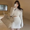 thumbnail image 3 of Pink Season 2 Pcs/Set Sweater Skirt Set Solid Color Furry Round Neck Long Sleeves Waist-exposed Keep Warm Slim Fit High Waist Knitted Club Sweater Skirt Set Women Clothing, 3 of 8