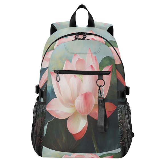 Full‑Print Casual Laptop Backpack, 20L Water‑Resistant Twill Tote Daypack with 14 Inch Computer Compartment for School Business Travel Super Cute Lotus