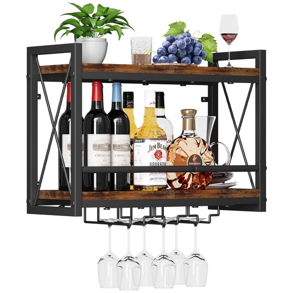 Wall Mounted Wine Rack, 23.62"W Bottle & Glass Holder Wood-Metal Retro Wine Rack, Wine Bottles Display Wall Storage for Kitchen Dining Room Home Bar