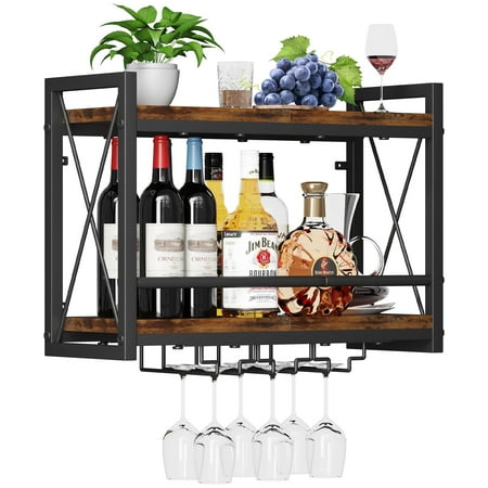 Wall Mounted Wine Rack 23.62 W Bottle & Glass Holder Wood-Metal Retro Wine Rack Wine Bottles Display Wall Storage for Kitchen Dining Room Home Bar