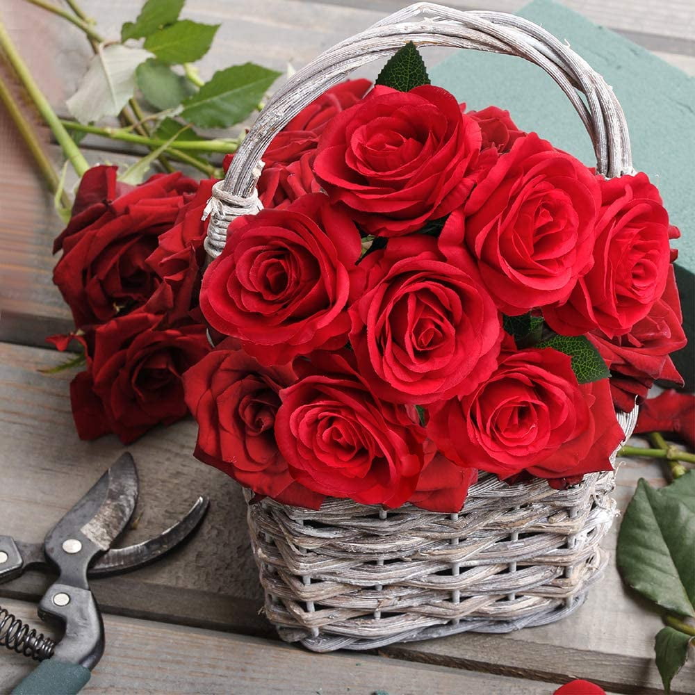 ZOELNIC 24PCS Fake Roses Artificial Flowers Red Roses with Long Stems Realistic Faux Silk Rose Bouquets for Wedding Decorations Bridal Shower Centerpieces Floral Arrangements Party Home Table Decor