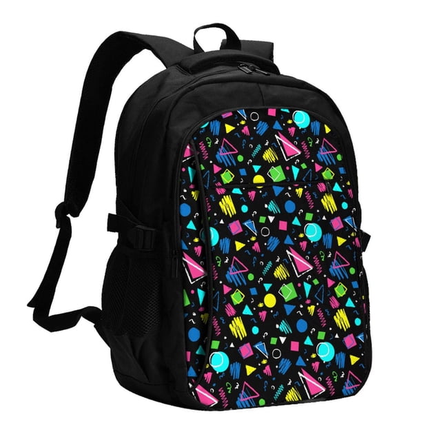 Easygdp Geometric 1980s Styled Mochila para Laptop de Viaje con Puerto USB, Mochila para Laptop con Puerto de Carga USB para Mujeres y Hombres