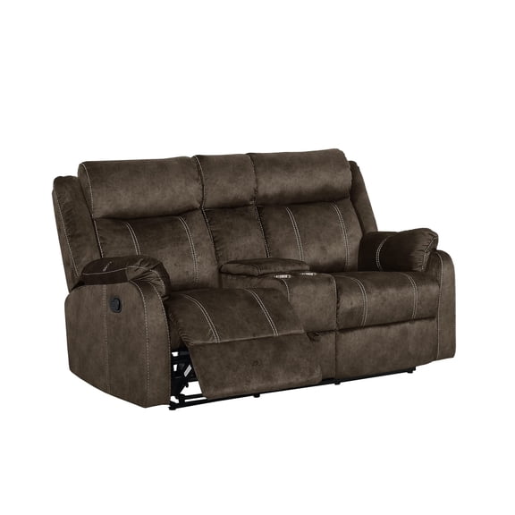 Pemberly Row Fabric Brown Reclining Loveseat w/ Console Drawer