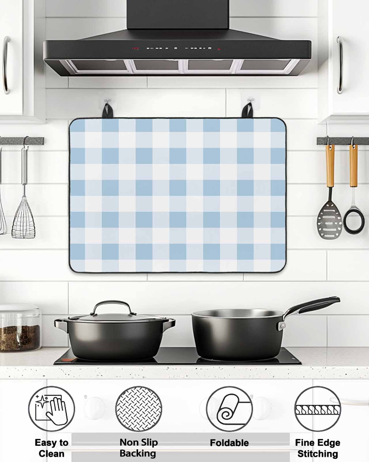 Stove Top Covers for Electric Stove, Blue Checkered Glass Stovetop Cover Protector, Blue White Buffalo Plaid Induction Cooktop Protector Oven Mat for Kitchen Countertop 24"x21"