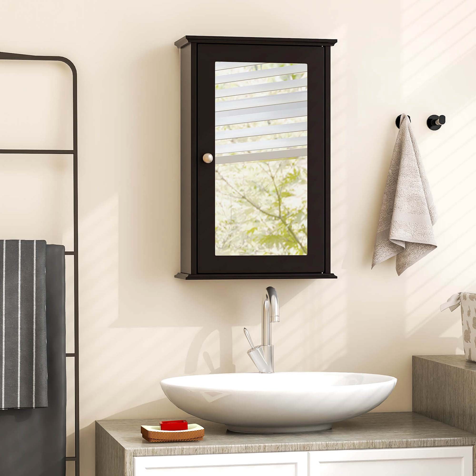 Costway Bathroom Wall Cabinet Single Mirror Door Cupboard Storage Wood Shelf Brown