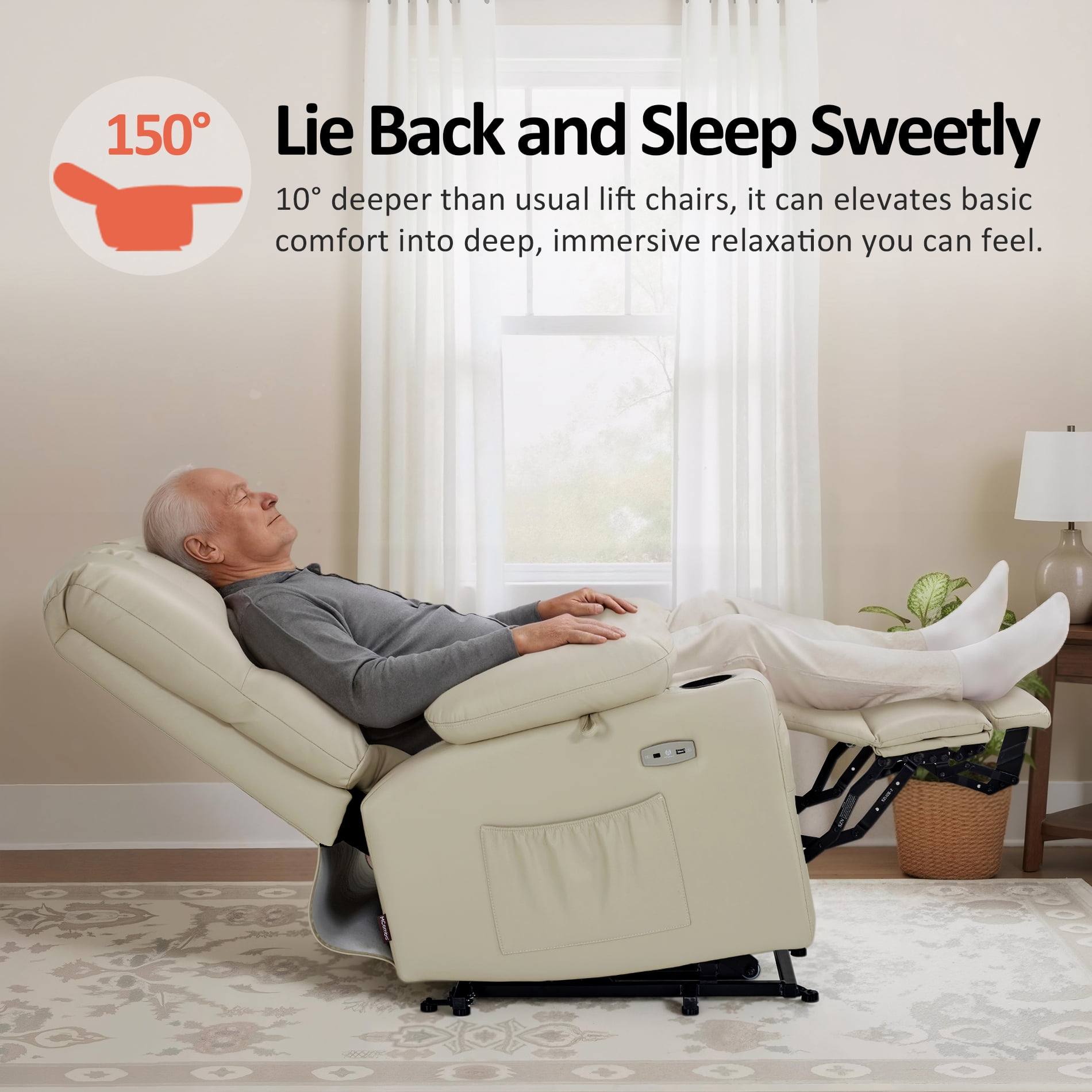 MCombo Power Lift Recliner Chair with Massage Heat, Extended Footrest, Faux Leather(Medium-Regular, Cream White)
