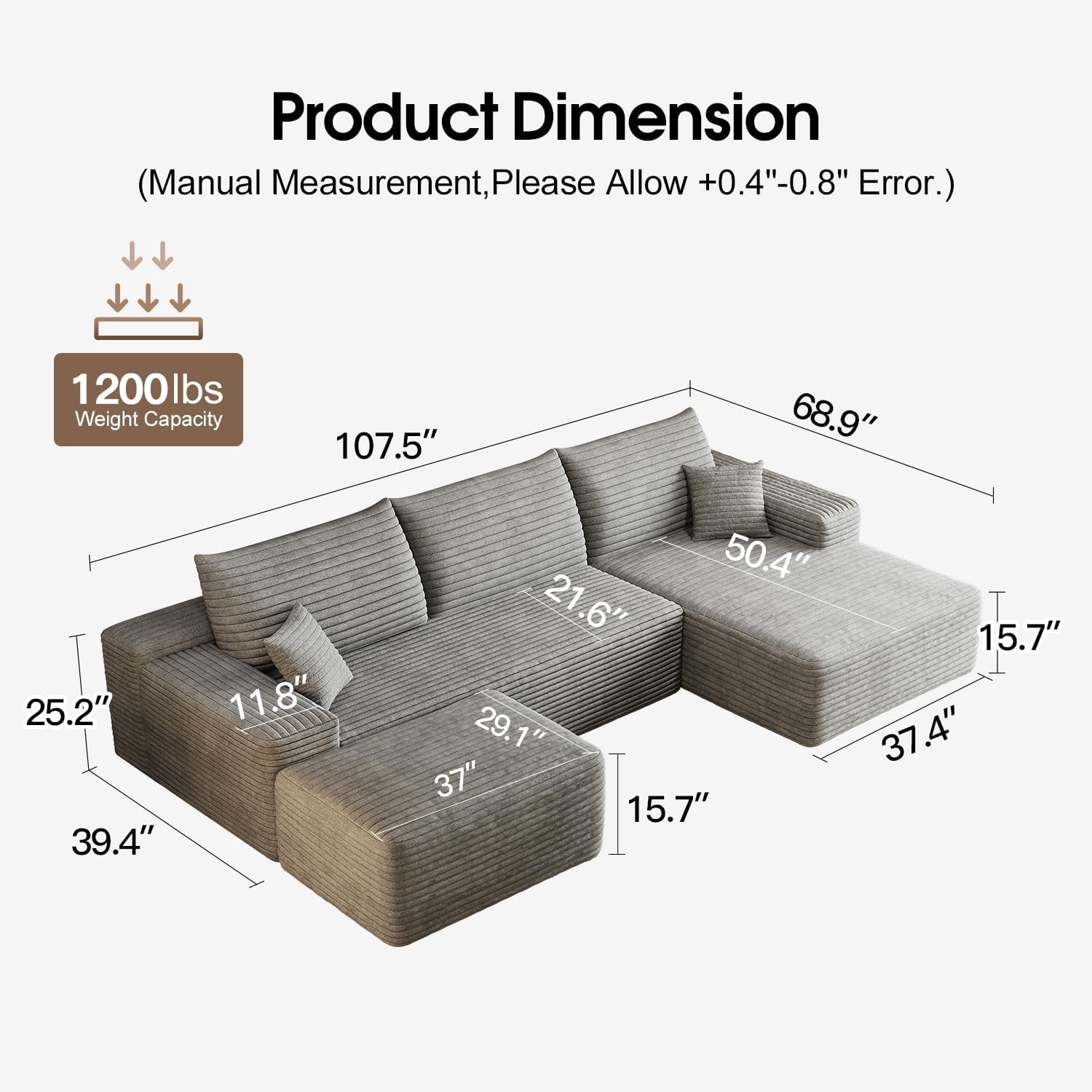Sailvan 107" Cloud Sectional Couch, Cloudy Sofa with L-Shape Chaise & Ottoman, Upholstered Couches for Living Room & Bedroom, No Assembly Required, Plush Corduroy Fabric, Gray