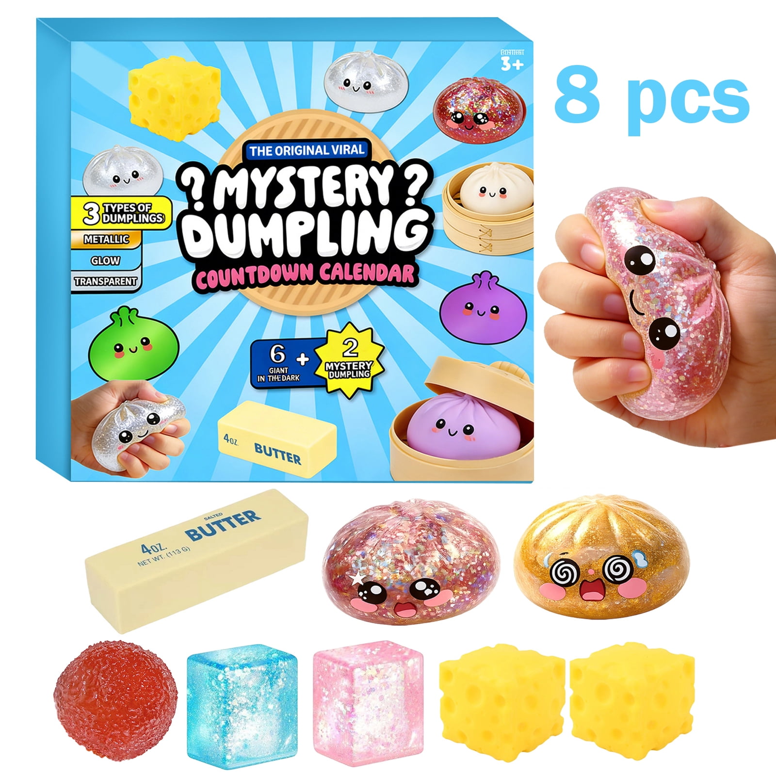 Viral Mystery Dumpling Squishy Set 8 Pcs, 6 Giant Glow in The Dark + 2 Mystery Dumplings, Soft TPR Fidget Toys for Stress Relief, Gifts for All Ages Crazy Gifts for Fun