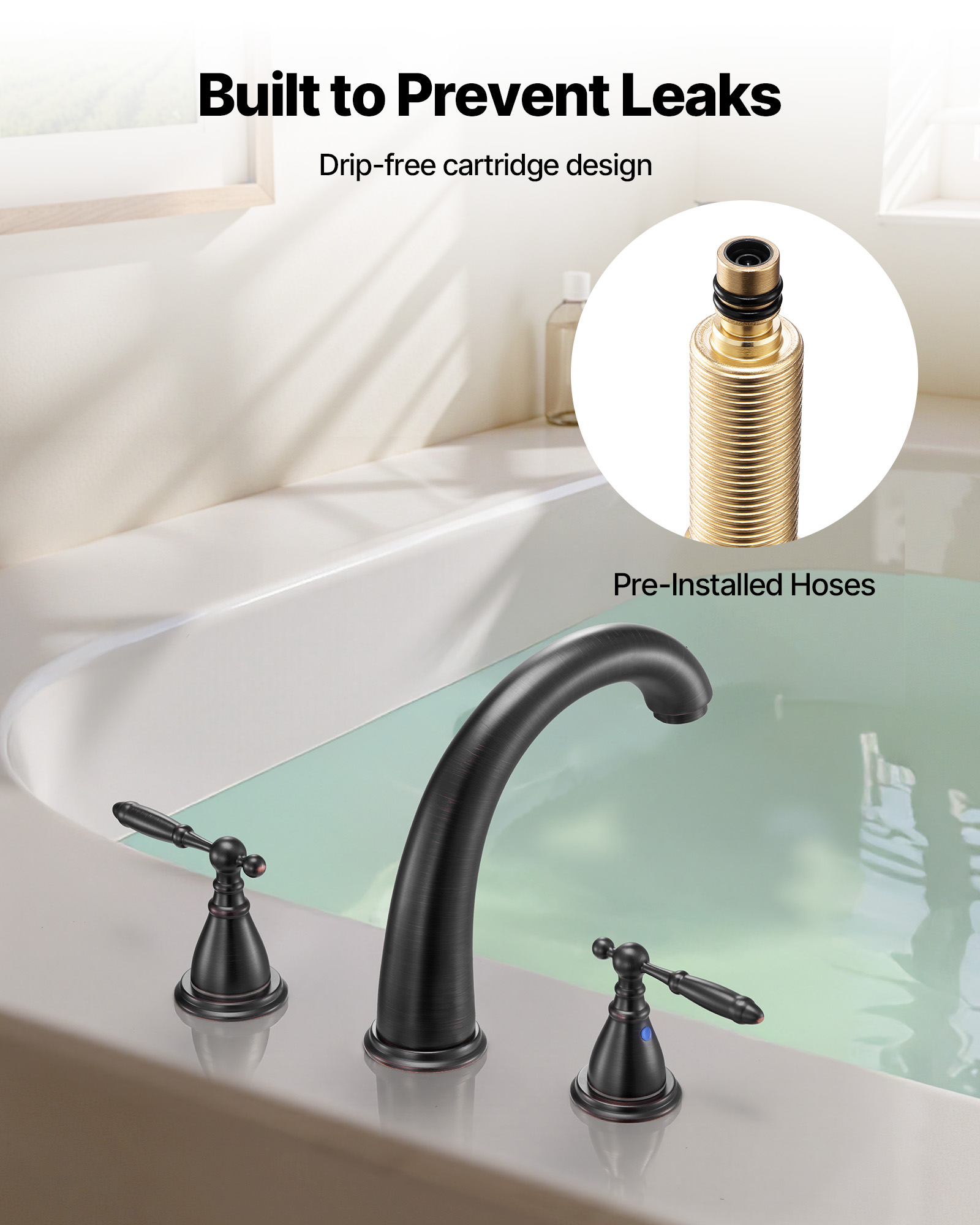 VEVOR Roman Tub Faucet, 3 Hole Waterfall Bathtub Faucet, Gooseneck Bath Tubs Faucets Set with 2 Handles, Roman Tub Faucets Deck Mount for Pet Washing, Adult Bathing, Bronze, Temperature Control