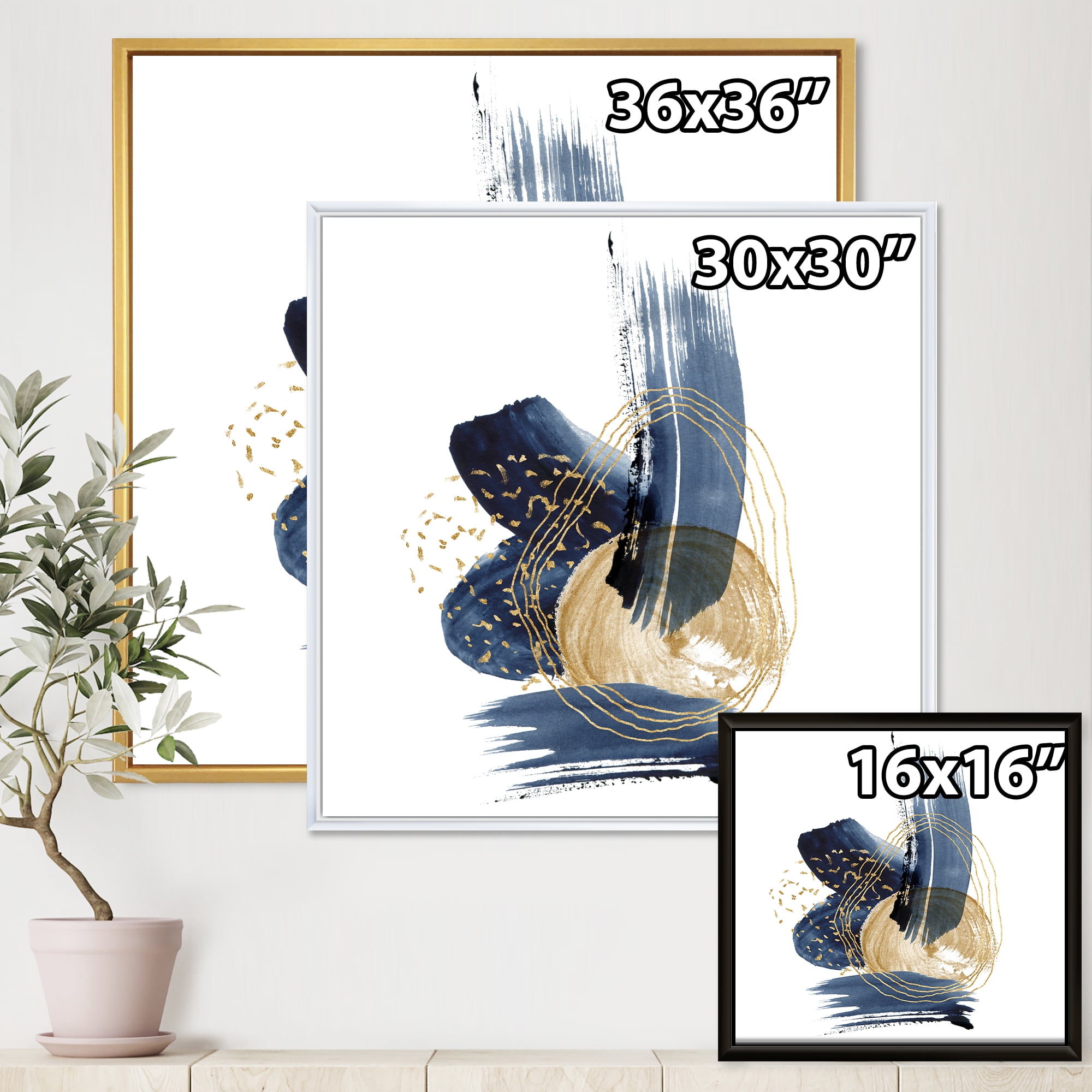 Designart 'Gold Strokes and Landscape of Dark Blue Mountains II' Modern Framed Canvas Wall Art Print