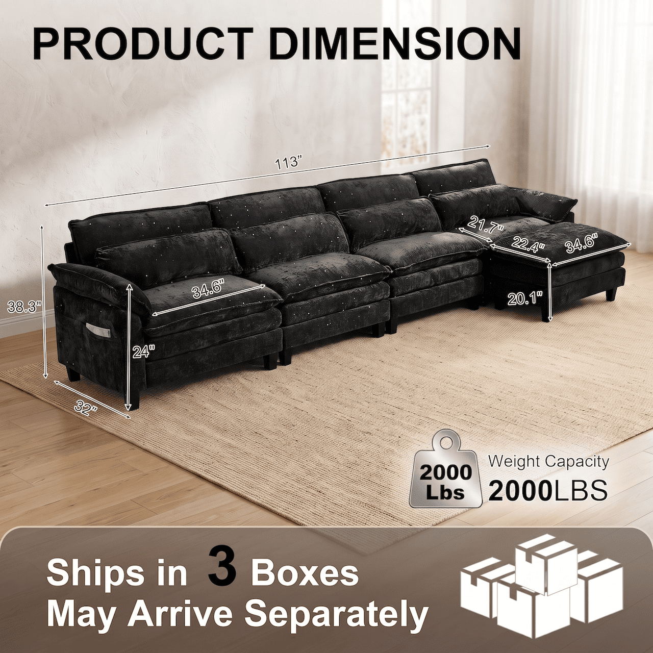 148" Convertible Cloud Sectional Sofa, Modern Chenille L Shaped Couch with Reversible Chaise, Deep Seat 5 Seat Sectional Sofa with Pillows, Comfy Upholstered Couch for Living Room Apartment (Black)