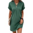 thumbnail image 2 of Joernso Summer Women Dress V Neck Button Short Sleeves Loose Solid Color Pullover Casual Daily Wear Dating Mini Dress, 2 of 7