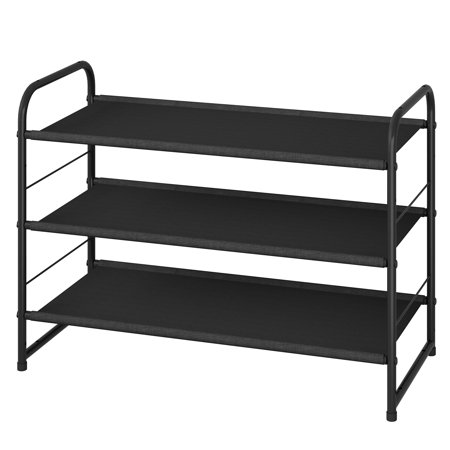 Simple Trending 3 Tier Stackable Shoe Rack, Expandable Adjustable Fabric Shoe Shelf Storage Organizer, Black C33