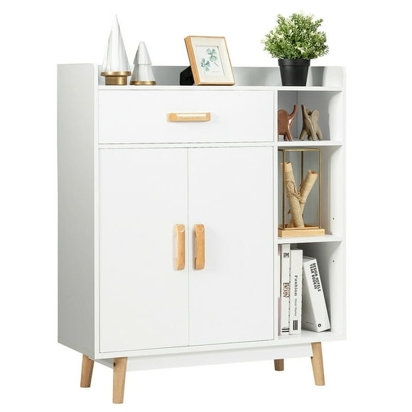 Gymax Armoire de Rangement au Sol Commode Debout w/1 Tiroir 2 Portes 3 Étagères