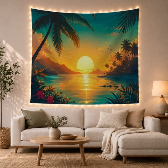 Tropical Sunset Over Ocean Bay Serene Coastal Wall Art for Nature Lovers, Beach Decor, Housewarming Gift, Tapestry Wall Hanging for Bedroom, Living Room and Dorm