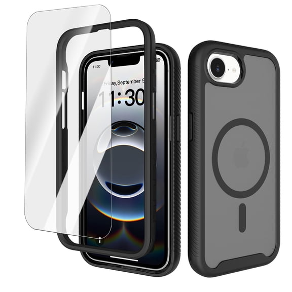 Dteck Magnetic Case with Tempered Glass Screen Protector for iPhone 17e/16e,Shockproof Matte Translucent PC TPU Case Compatible with Mag Safe Back Cover,Black