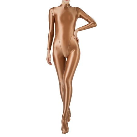 TiaoBug Women s Glossy Body Stocking Full Bodysuits Catsuits Yoga Mock Neck Zipper Jumpsuits Golden Coffee M