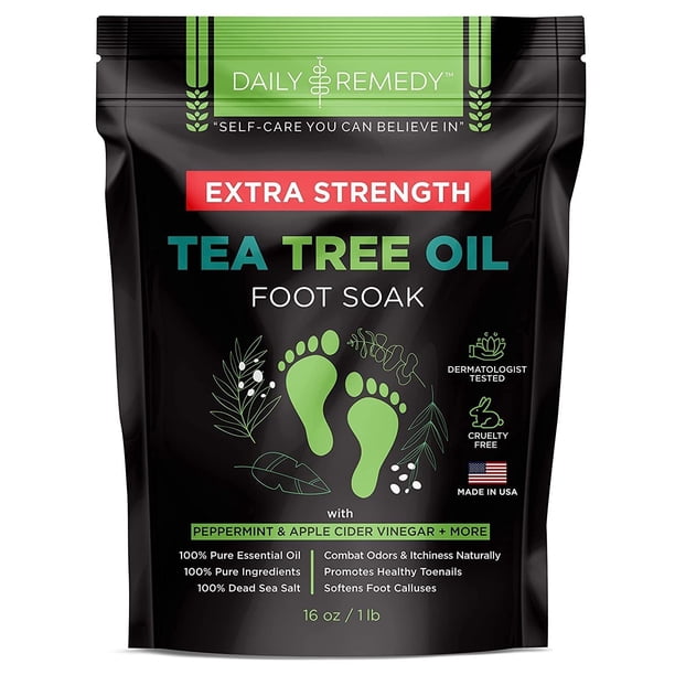 Aceite de árbol de té extra fuerte para remojo de pies con sal de Epsom, fabricado en Estados Unidos, para uñas de los pies, pie de atleta, picazón en los pies, olor persistente y maloliente, pedicura