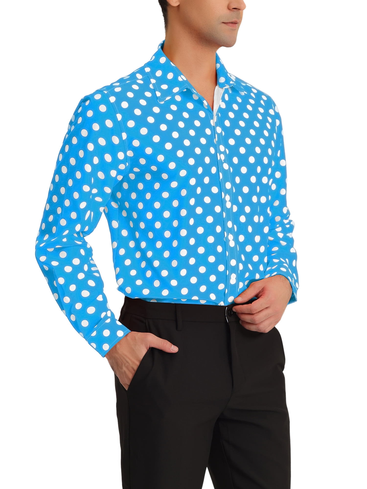 Unique Bargains Men's Polka Dots Print Dress Shirt Long Sleeves Casual Shirts XL Blue
