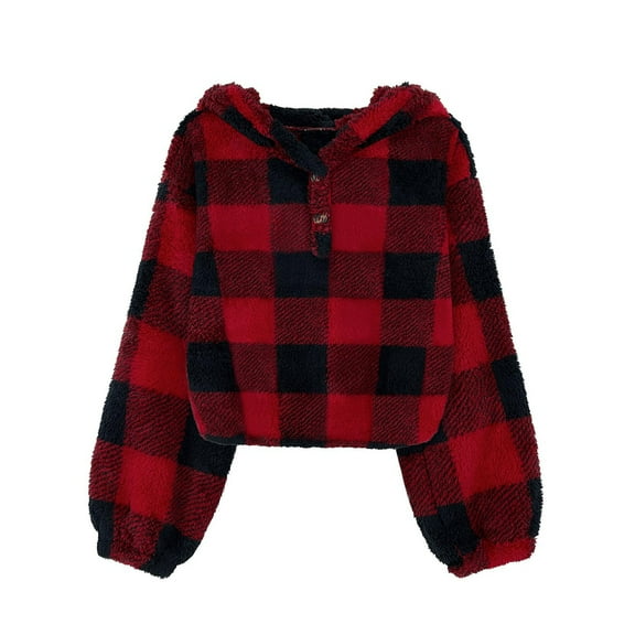 Girls Fuzzy Hooded Buffalo Plaid Jacket Solid Long Sleeves Cute Loose Button Pullover Oversized Essentials Sweatshirt for Girls 5-6 Years