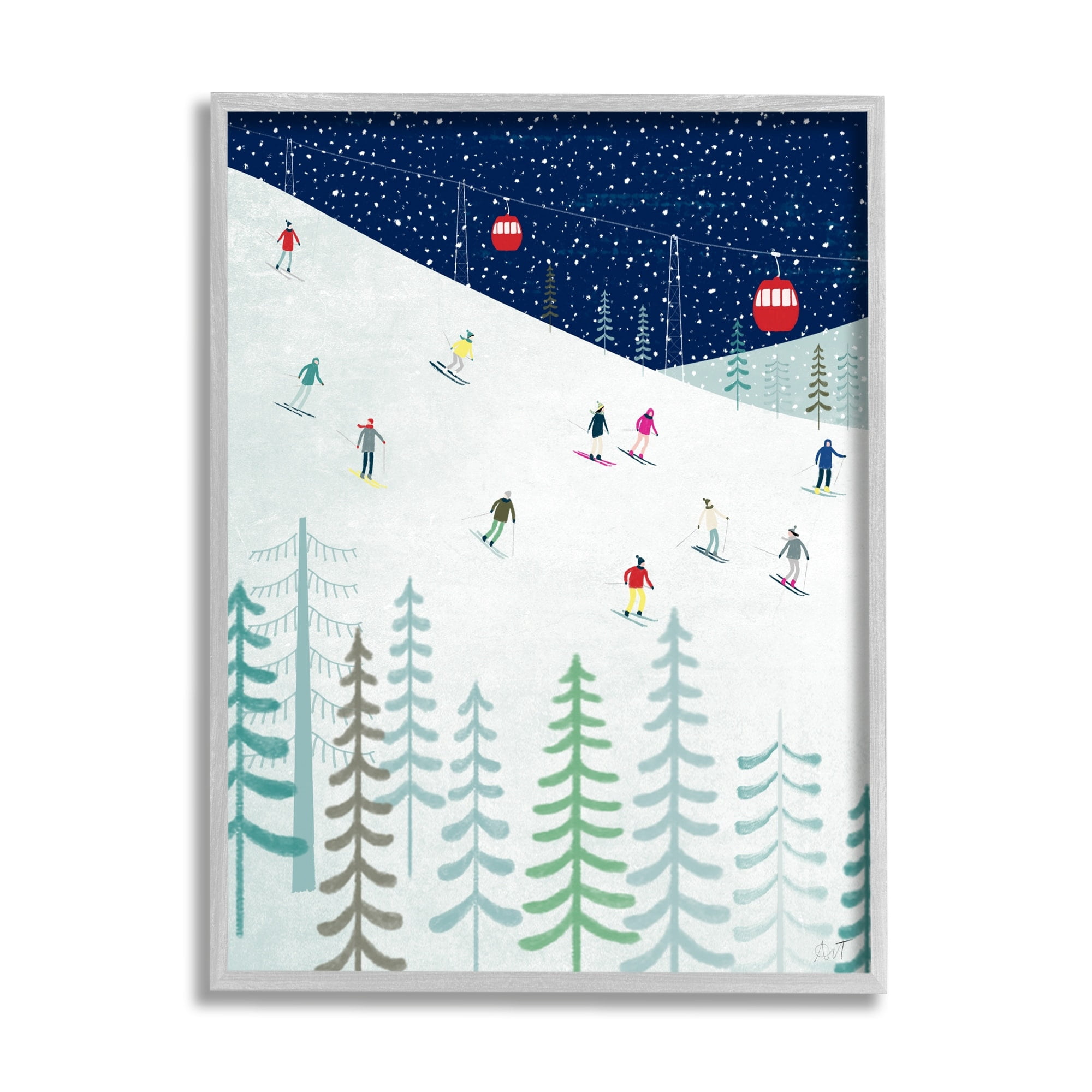 Stupell Industries Skiing Night Sky Winter Slopes Holiday Painting Gray Framed Art Print Wall Art