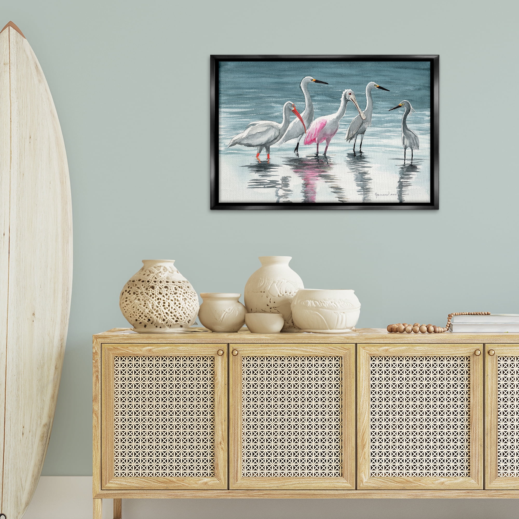 Stupell Industries Herons Stepping in Shore Animals & Insects Painting Black Floater Framed Canvas Art Print Wall Art, 31 x 21