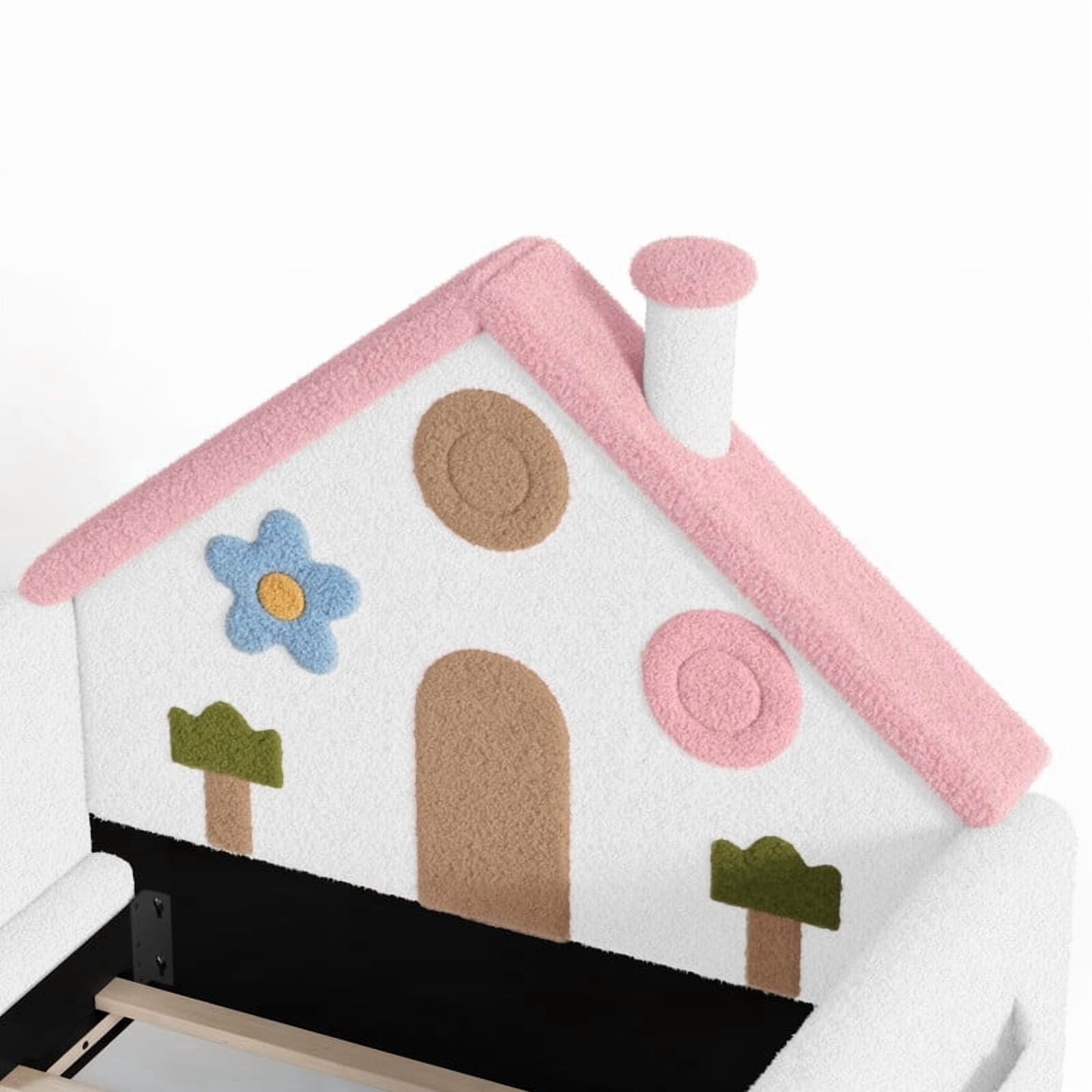 Twin Size Kids Floor Bed with House Shaped Headboard, Upholstered Teddy Fabric Child Storage Platform Bed Frame with Pocket