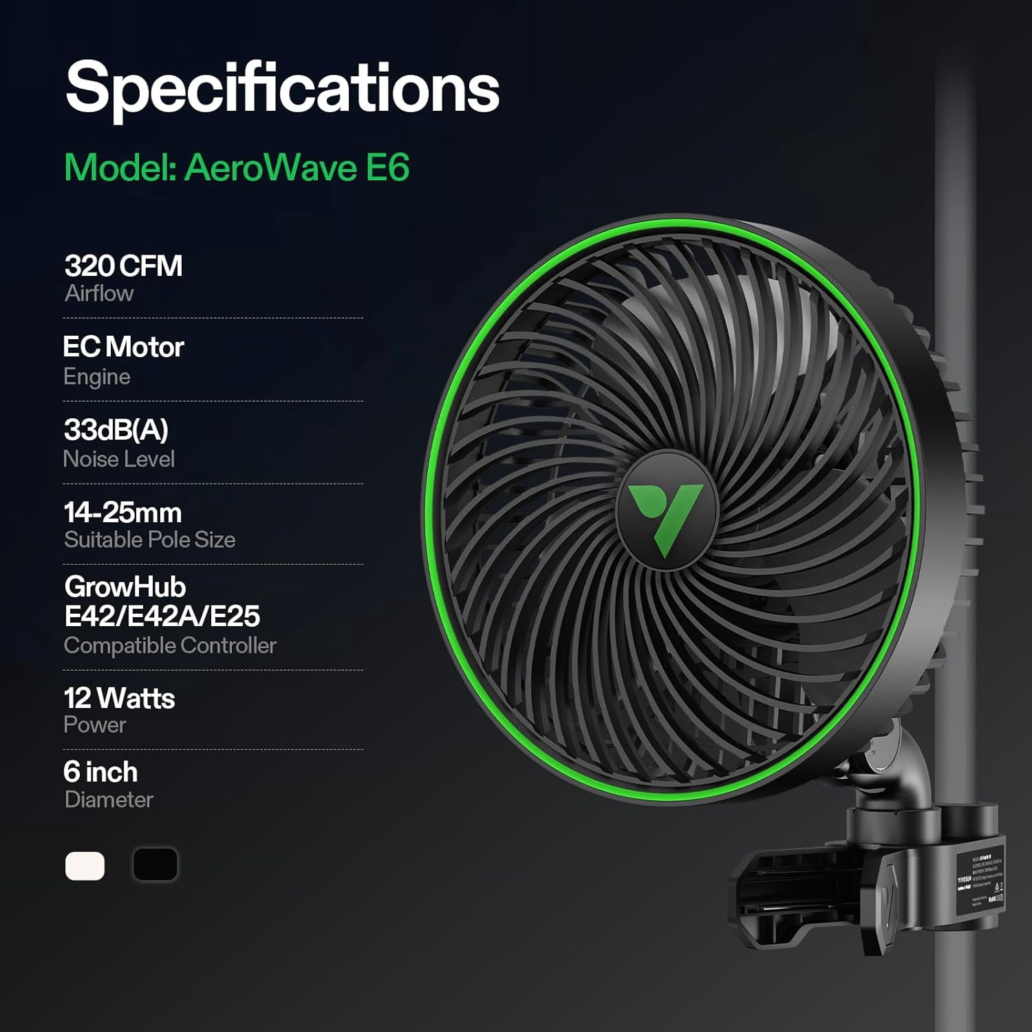 VIVOSUN AeroWave E6 Gen2, Grow Tent Clip Fan 6”, EC Motor, Smart Control, Powerful Oscillating Fan, Local Timer, Weatherproof IP54, for Hydroponics Circulation Cooling, Black