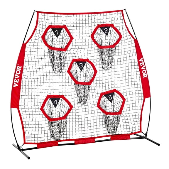 VEVOR 6 x 6 ft Football Trainer Throwing Net, Training Throwing Target Practice Net with 5 Target Pockets, Knotless Net Includes Straps and Portable Carry Case, Improve QB Throwing Accuracy, Red