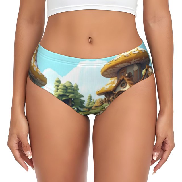 Fotbe Cartoon Mushroom House Calzones Estampados para Mujer – Ropa Interior de Algodón, Cómoda, Suave y Elástica-Large