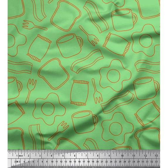Soimoi Green Poly Georgette Fabric Omlet & Bread Slice Food Print Sewing Fabric Yard 52 Inch Wide