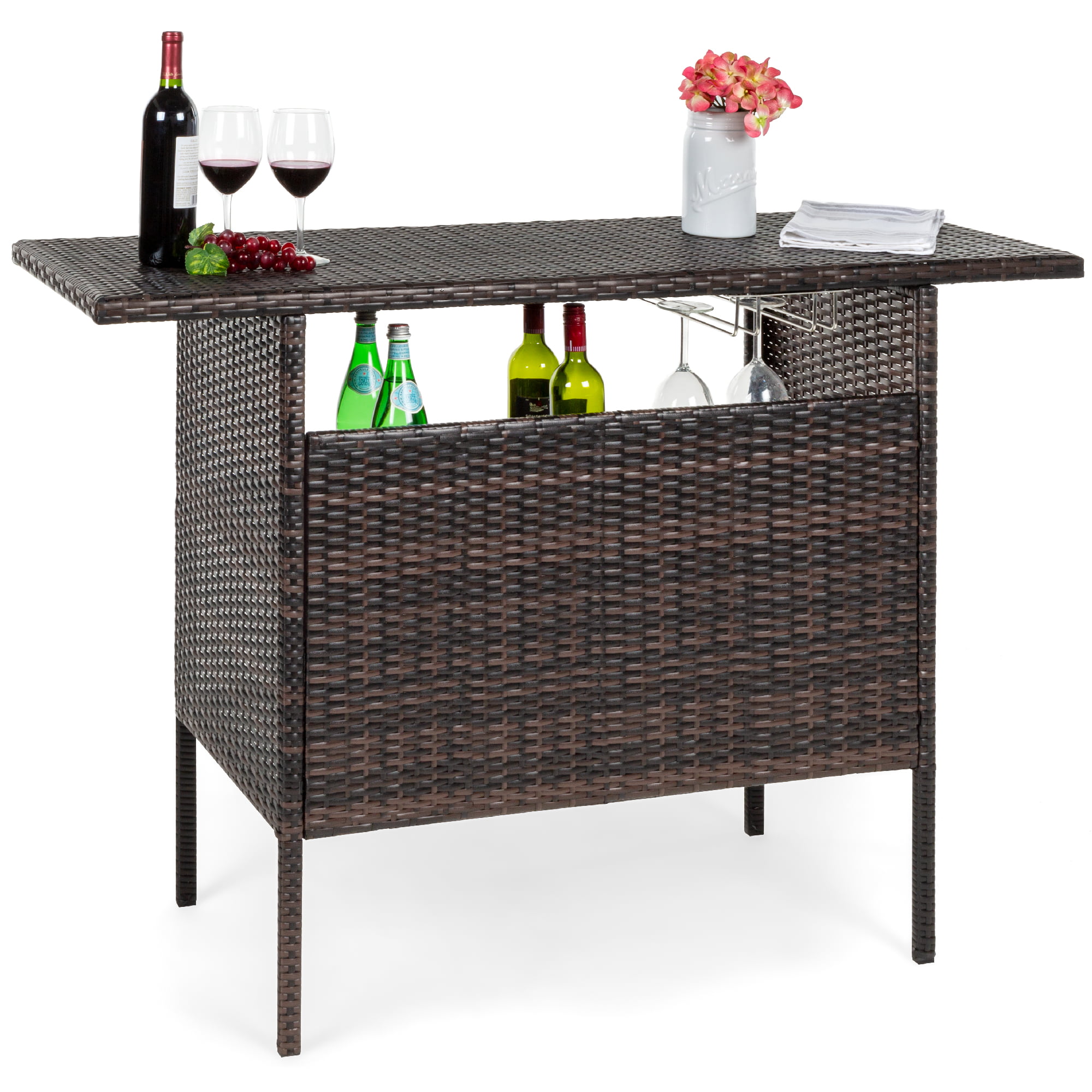 Best Choice Products Outdoor Patio Wicker Bar Counter Table w/ 2 Steel