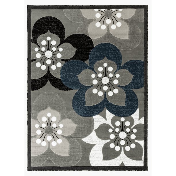 Newport Collection Gray, White, Navy Blue Floral Modern Area Rug