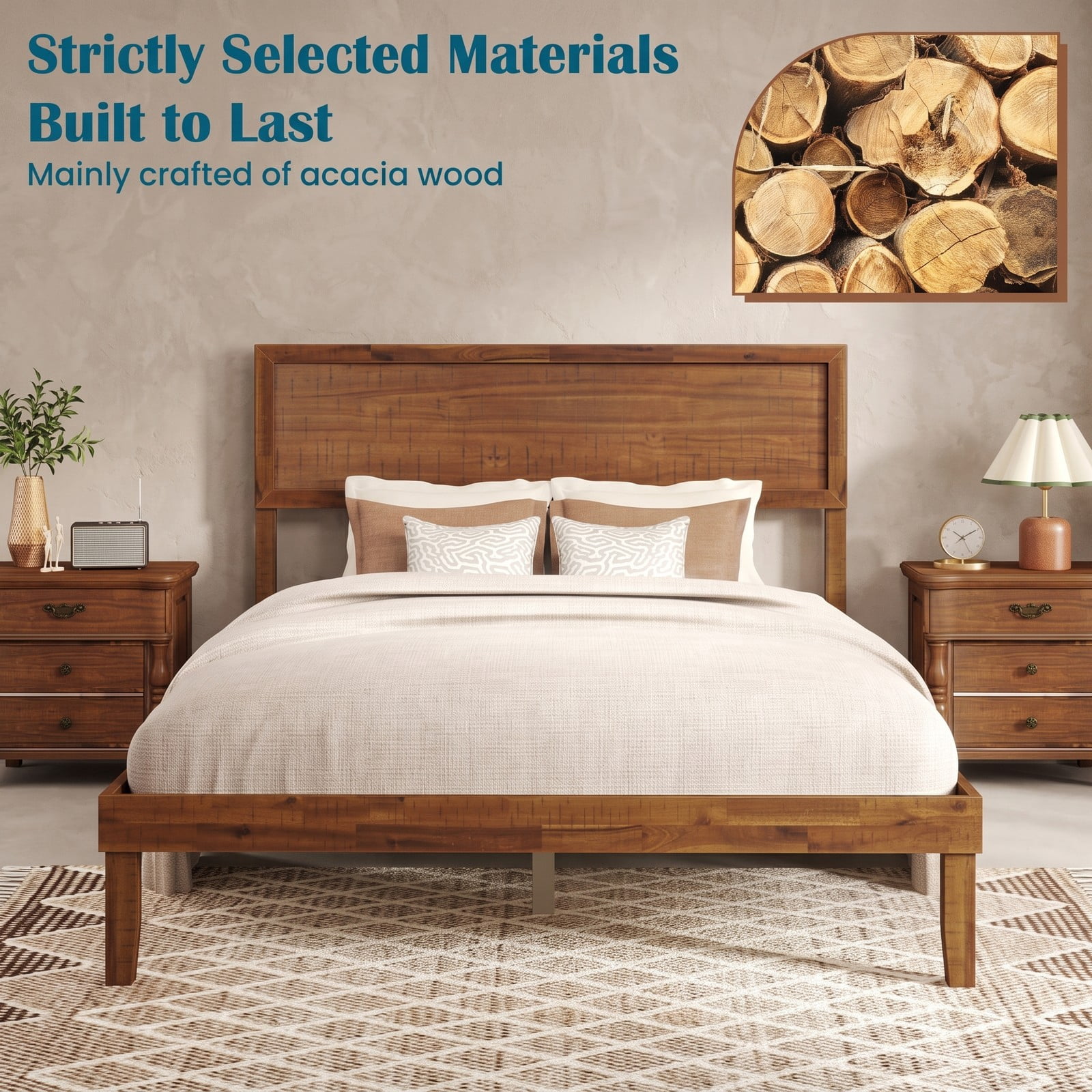 Furnibear Queen Bed Frame with Headboard, Wood Platform Bed Frame with High Panel Headboard and Wooden Slat Support for Bedroom, Walnut